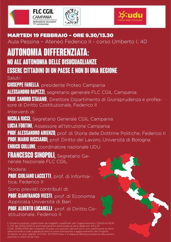 Locandina iniziativa sull'autonomia differenziata che si svolgerà Martedì 19 febbraio 2019 - ore 9,30-13,30 presso Aula Pessina - Ateneo Federico II - corso Umberto I, 40 NAPOLI